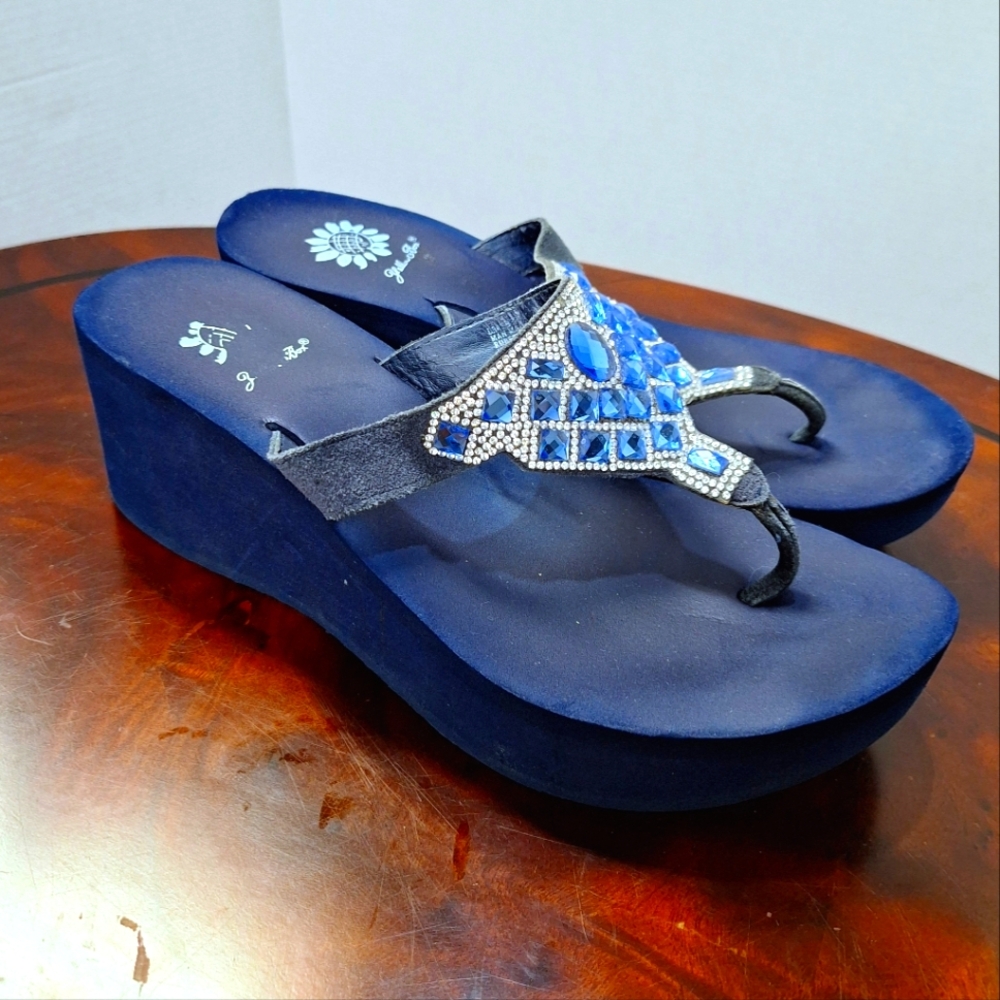 Yellow Box Cute Blue Wedge Rhinestone Flipflop Sandals Size 8 "Kamilla"